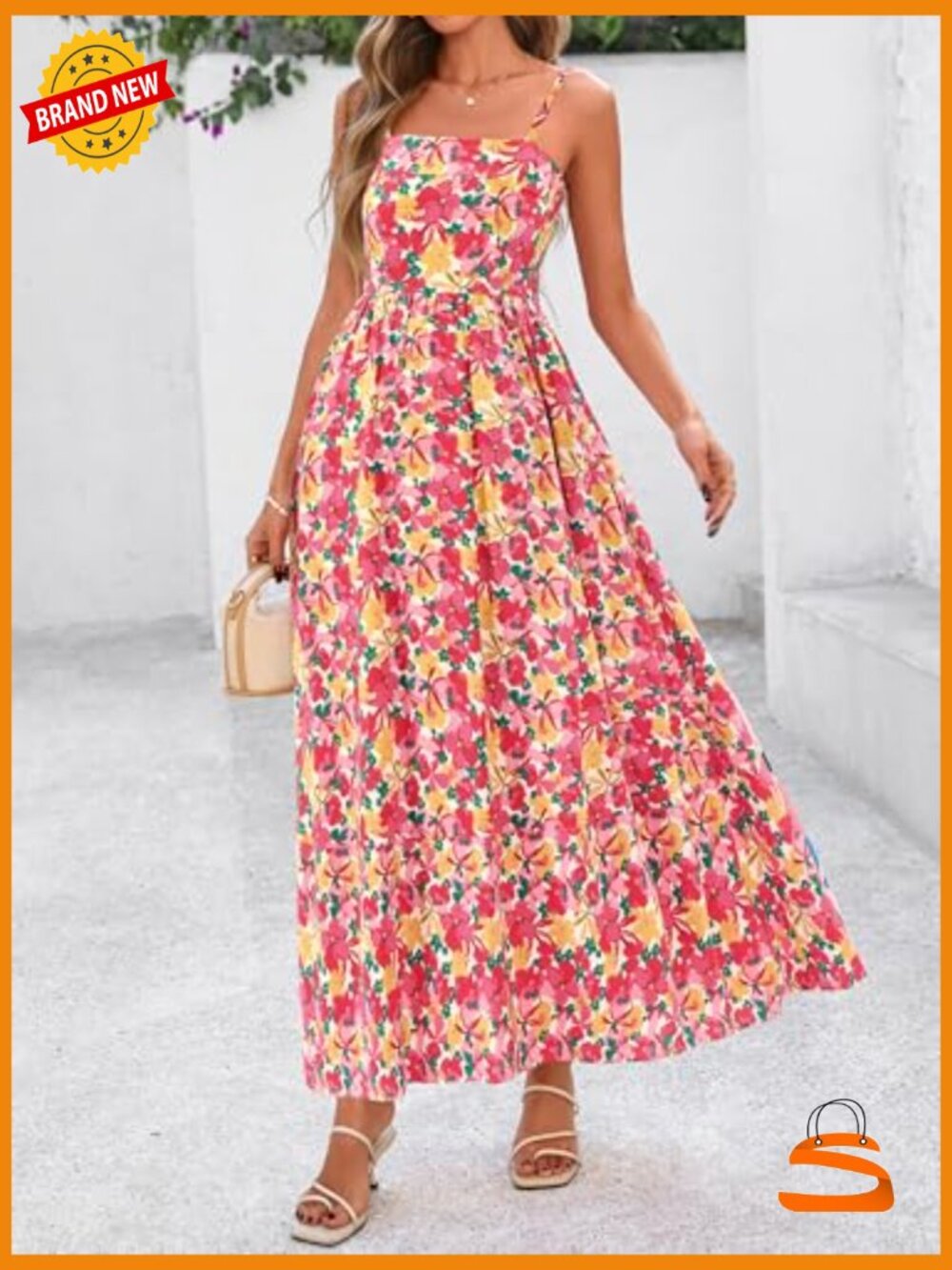 Spaghetti Strap Flowy Maxi Dress Square Neck Smocked Back Boho Wedding Guest - Picture 2 of 7